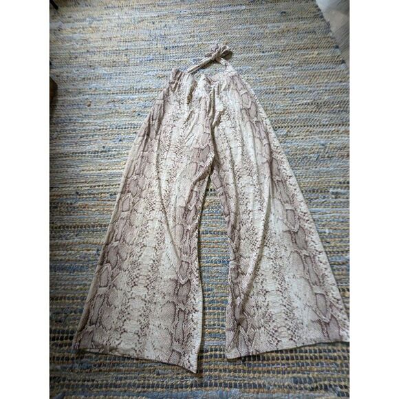 Python Snakeskin Palazzo Pants L Wide Leg Large Tie Front Animal Print Mobwife - Picture 8 of 8